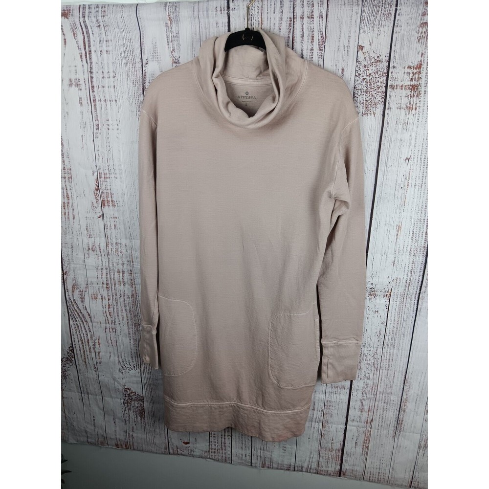 ATHLETA Midi Dress Women's Small Cream Turtleneck Thumbs Hole Pockets Casual